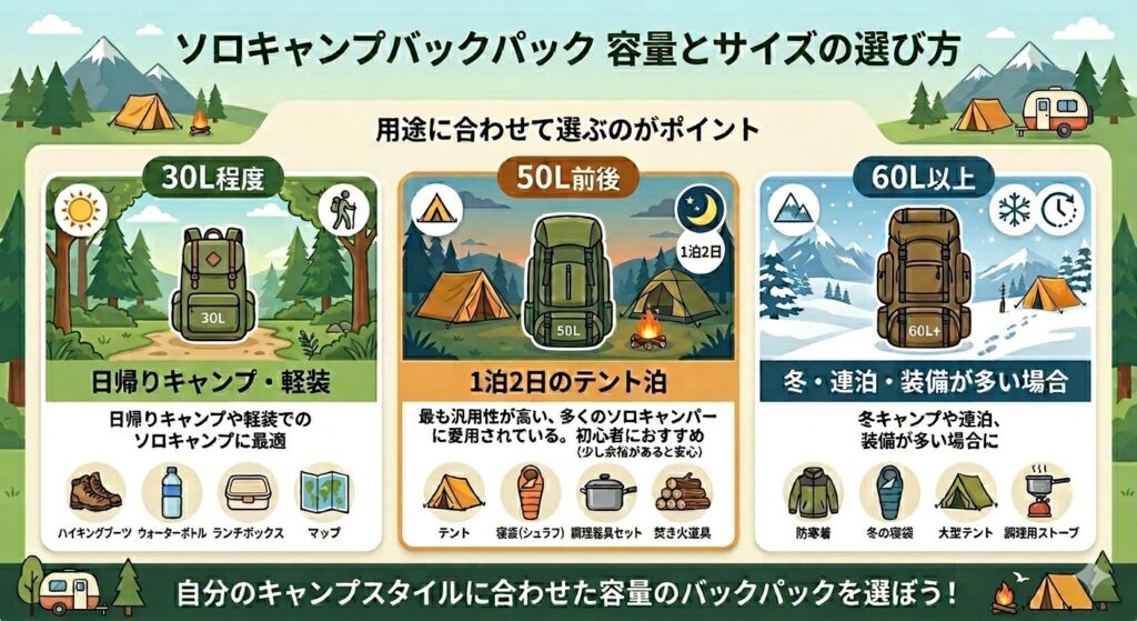 ソロキャンプのバックパック容量
