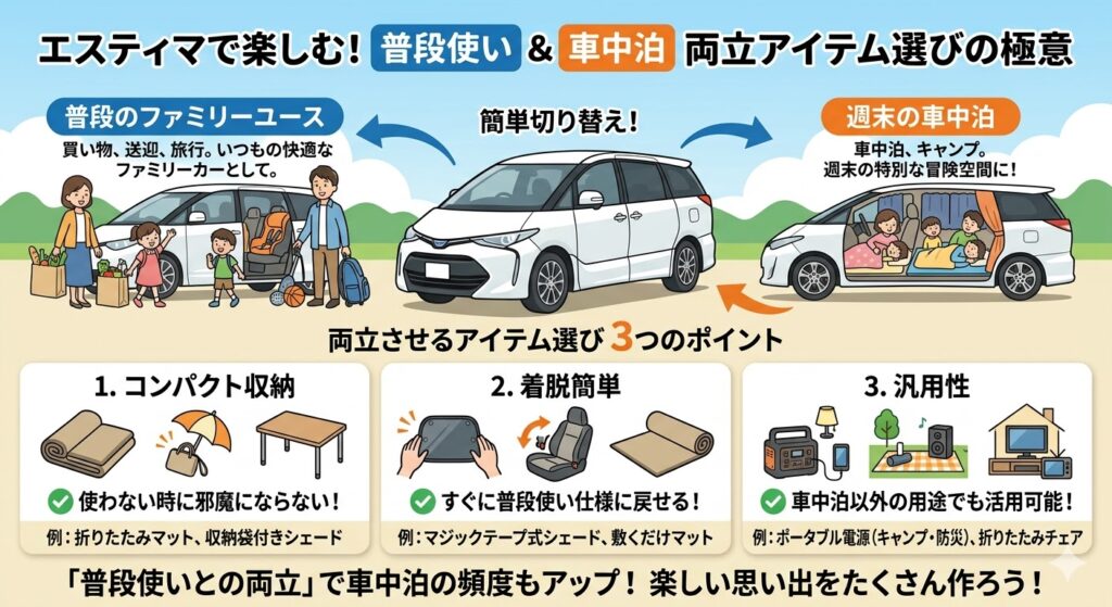エスティマ車中泊アイテム 普段使い